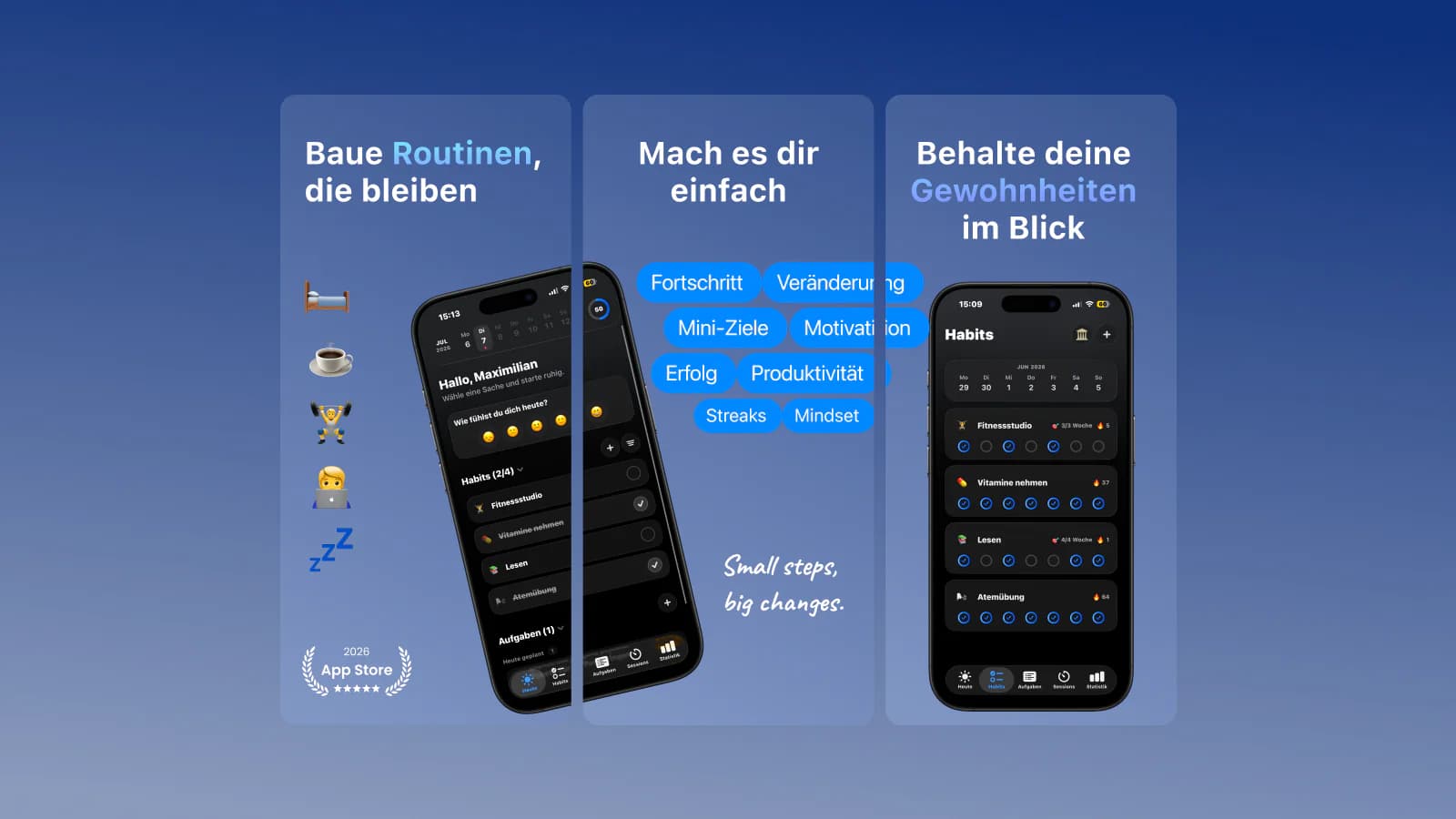 Drei Upwell App-Store-Visuals mit unterschiedlichen App-Ansichten