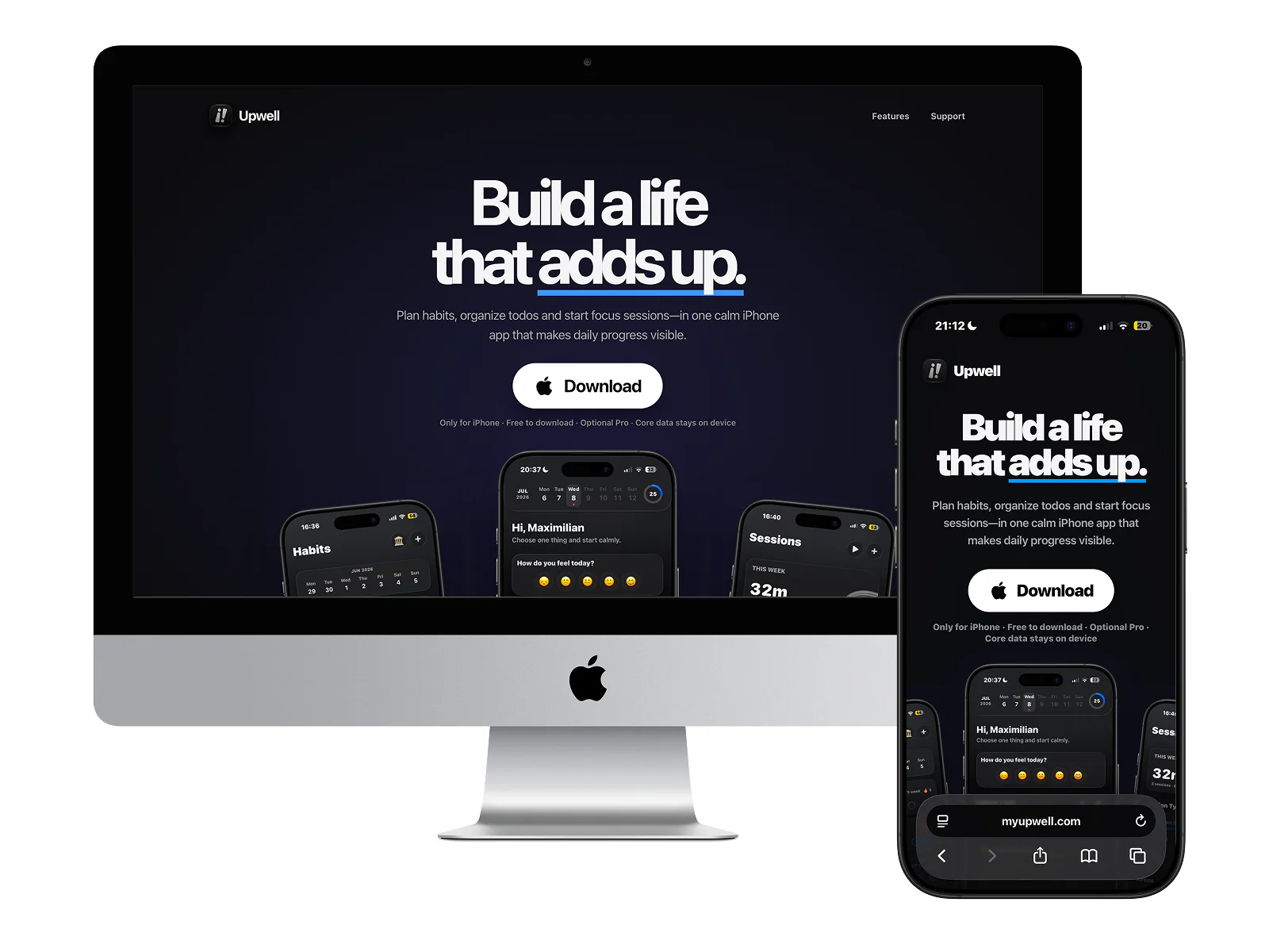 Upwell Produktwebsite auf Desktop und iPhone